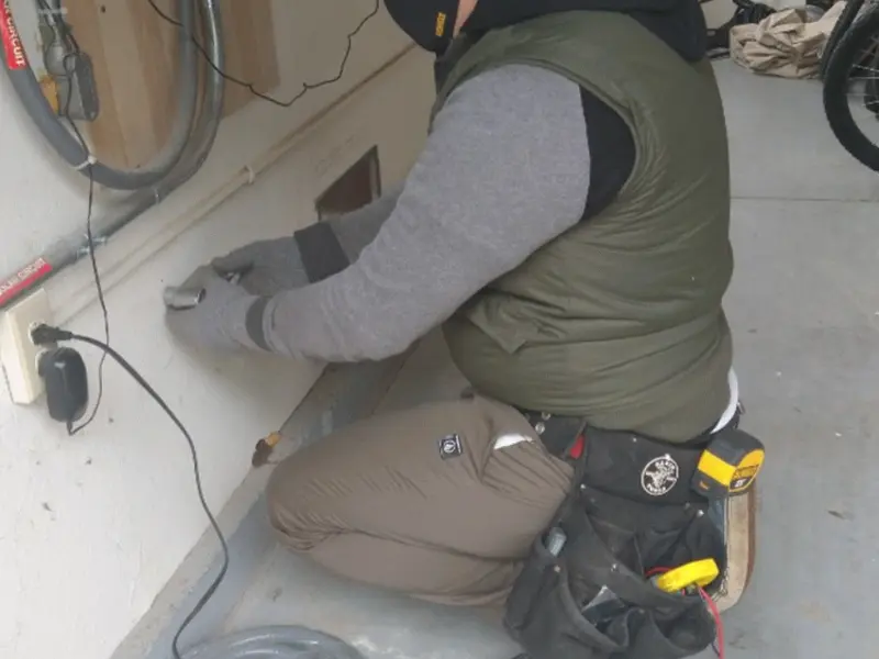 Electrician performing outlet wiring in a Frederick garage